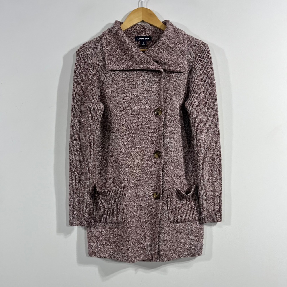 Lands End Granola Parisian Classic Knit Longline Cardigan Sweater Wing Collar S